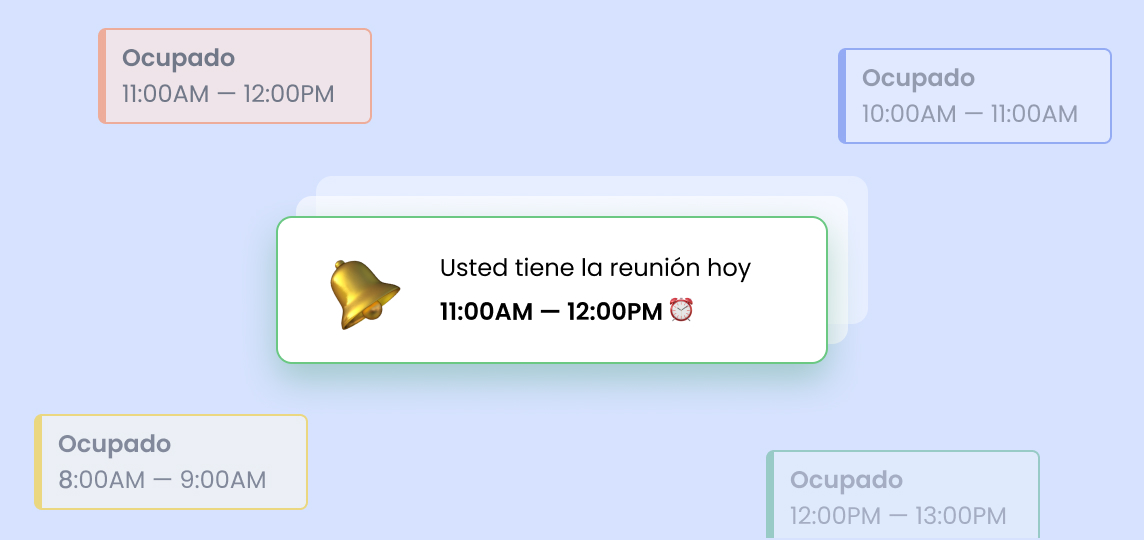 Reunión confirmada de 11:00 a 12:00, con franjas ocupadas visibles antes y después.