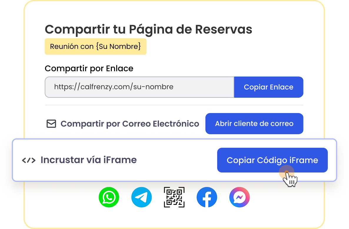 Calfrenzy interface for sharing a booking page, showing options to copy a link, share via email, embed via iFrame, or share via WhatsApp, Telegram, QR code, Facebook, and Messenger.”