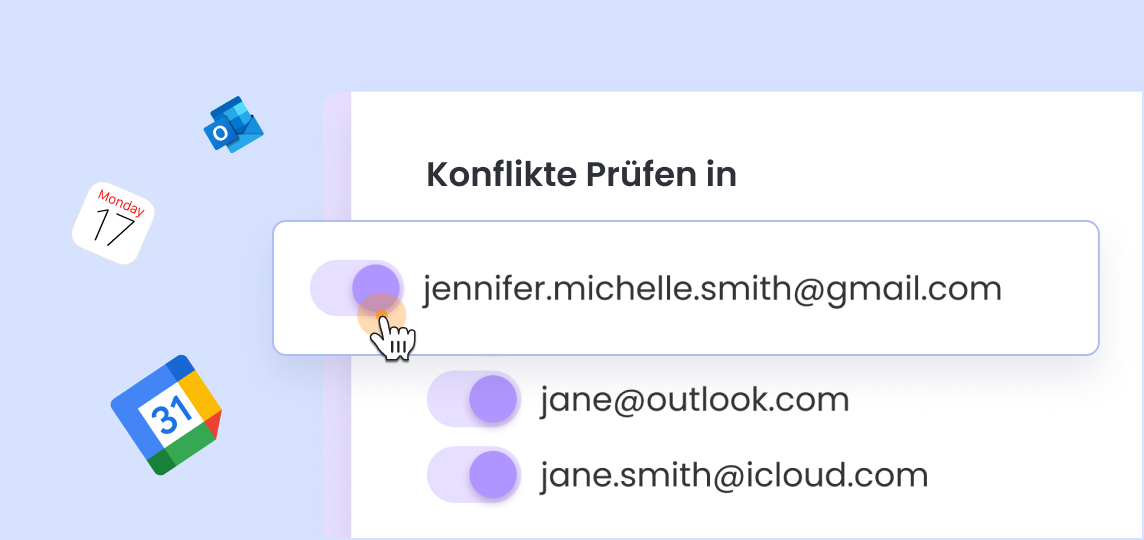 Benutzer:in wählt einen Kalender aus, um Konflikte zwischen mehreren verbundenen E-Mail-Konten zu prüfen.