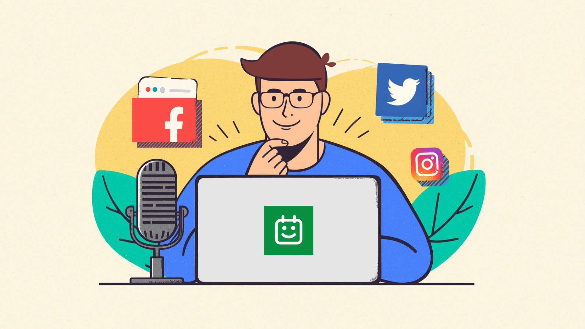Illustration of a content creator sitting at a laptop with a microphone, surrounded by social media icons like Facebook, Twitter, and Instagram, representing digital marketing and online engagement.