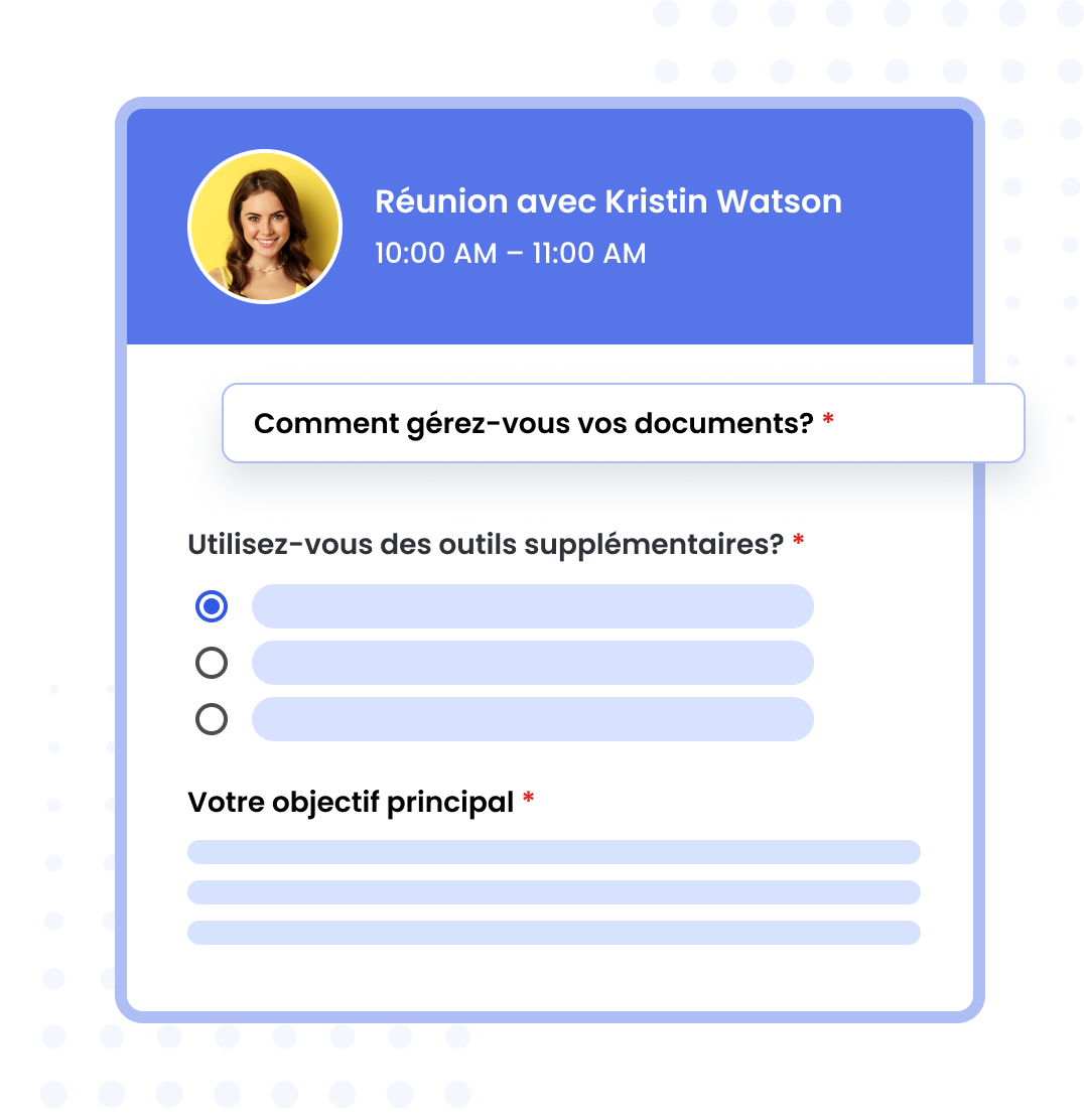 Champs de formulaire personnalisables dans Calfrenzy, affichant des questions et des réponses à choix multiple ou par case à cocher. 