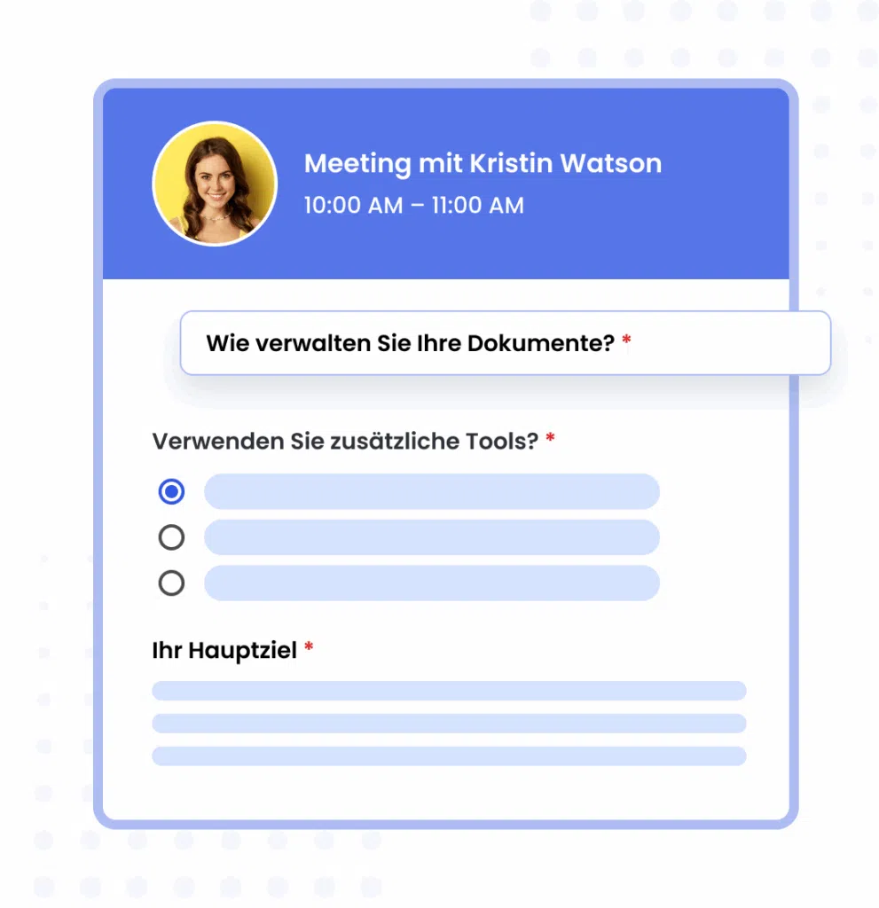 Anpassbare Formularfelder in Calfrenzy mit Fragen sowie Auswahl- und Kontrollkästchen-Antworten. 