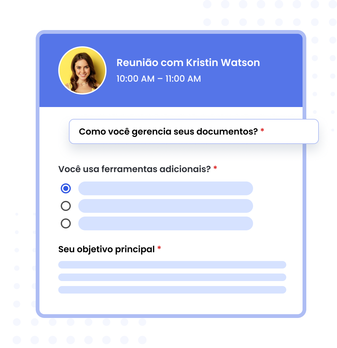 Campos personalizáveis do formulário de cadastro no Calfrenzy, mostrando perguntas e opções de resposta de múltipla escolha e caixas de seleção. 