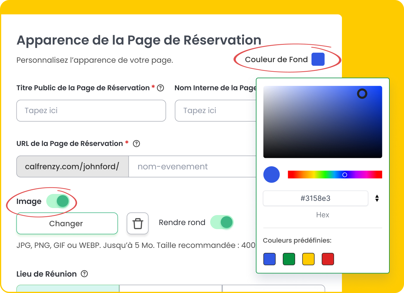 Éditeur de page de réservation Calfrenzy avec un fond jaune, montrant les options pour personnaliser la couleur de fond, importer une photo de profil et modifier l’URL de la page de réservation.