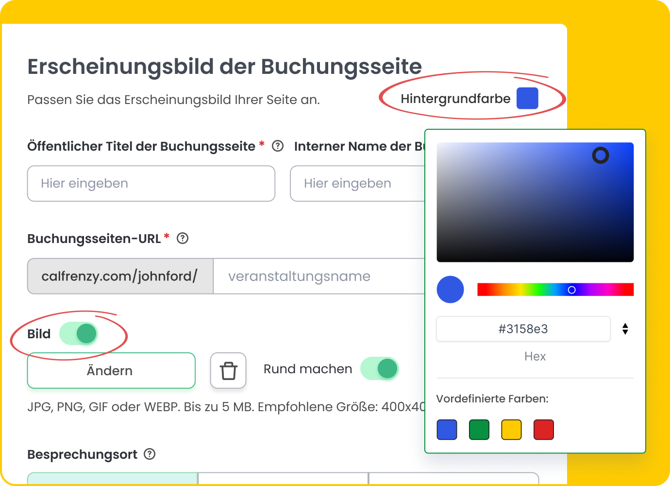 Calfrenzy-Buchungsseiten-Editor mit gelbem Hintergrund zeigt Optionen zur Anpassung der Hintergrundfarbe, zum Hochladen eines Profilbilds und zum Bearbeiten der Buchungsseiten-URL.