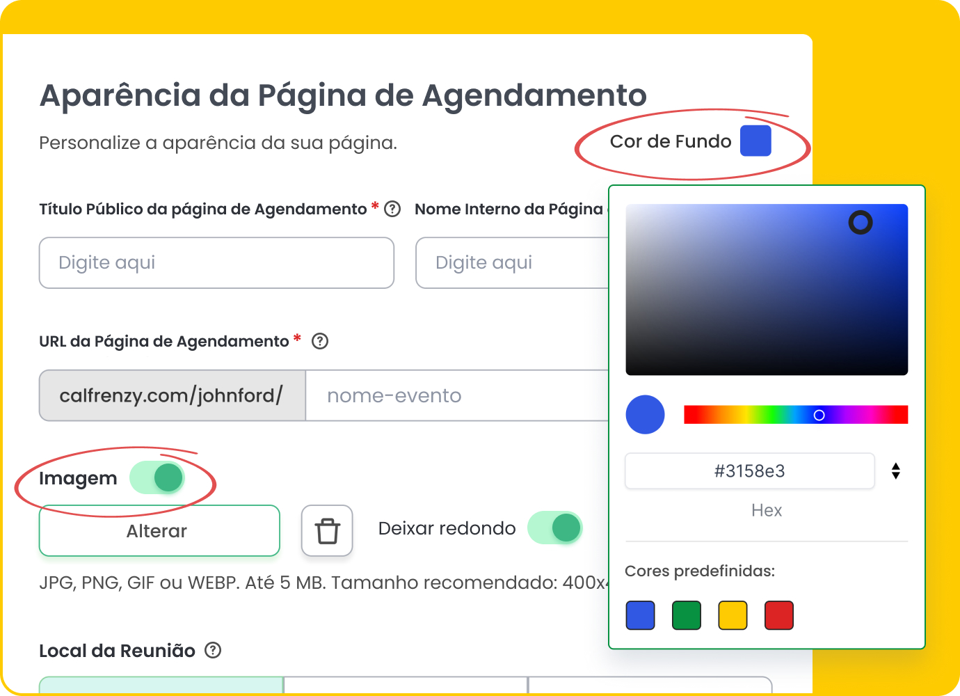 Editor da página de agendamento da Calfrenzy com fundo amarelo, mostrando opções para personalizar a cor de fundo, enviar uma imagem de perfil e editar a URL da página de agendamento.