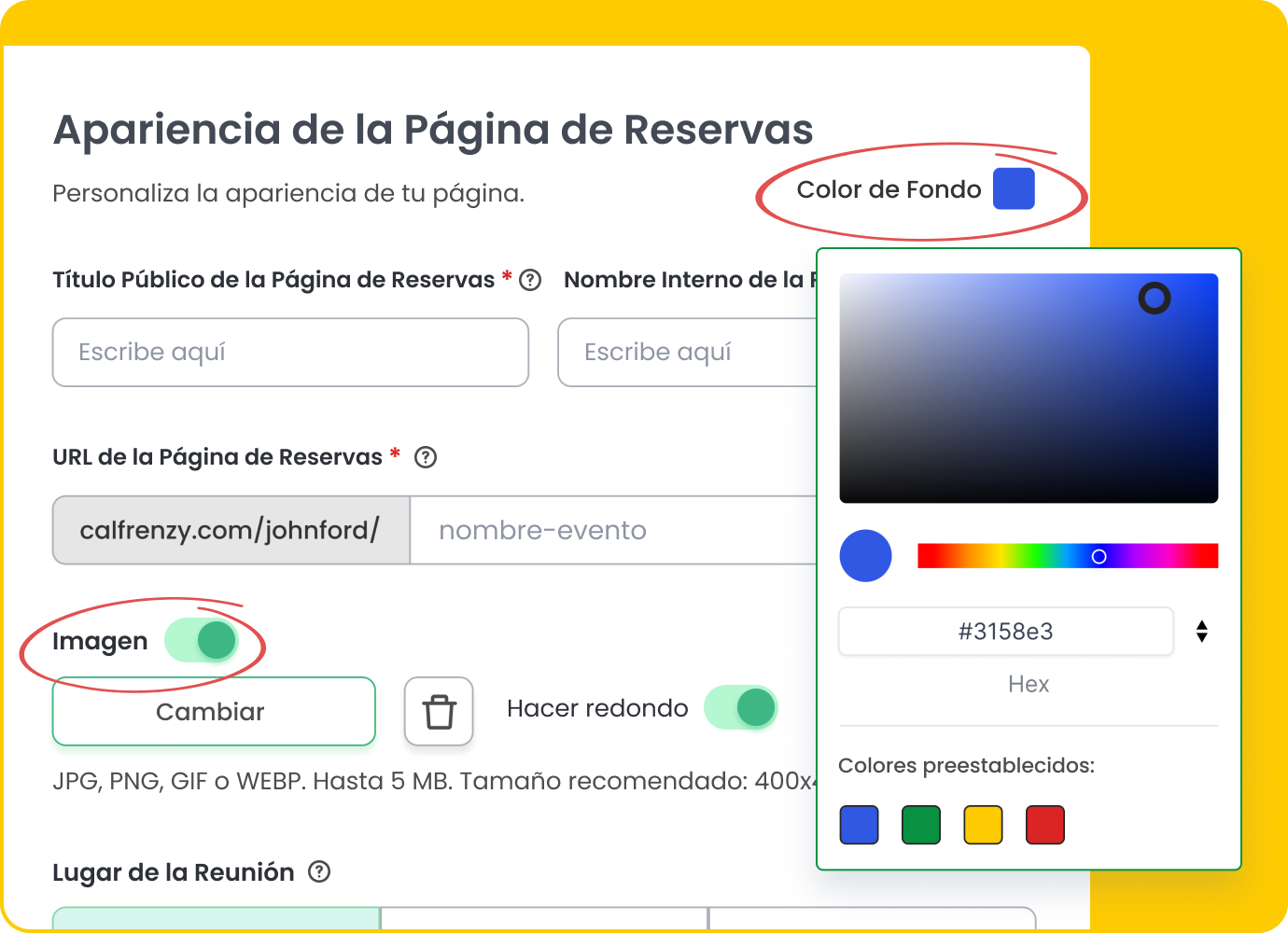 Editor de la página de reservas de Calfrenzy con fondo amarillo que muestra opciones para personalizar el color de fondo, subir una imagen de perfil y editar la URL de la página de reservas.