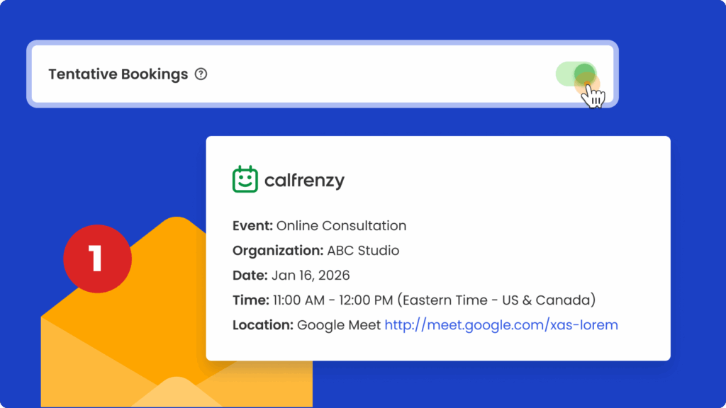 Toggle for Tentative Bookings enabled with event details and Google Meet link shown in a booking preview.