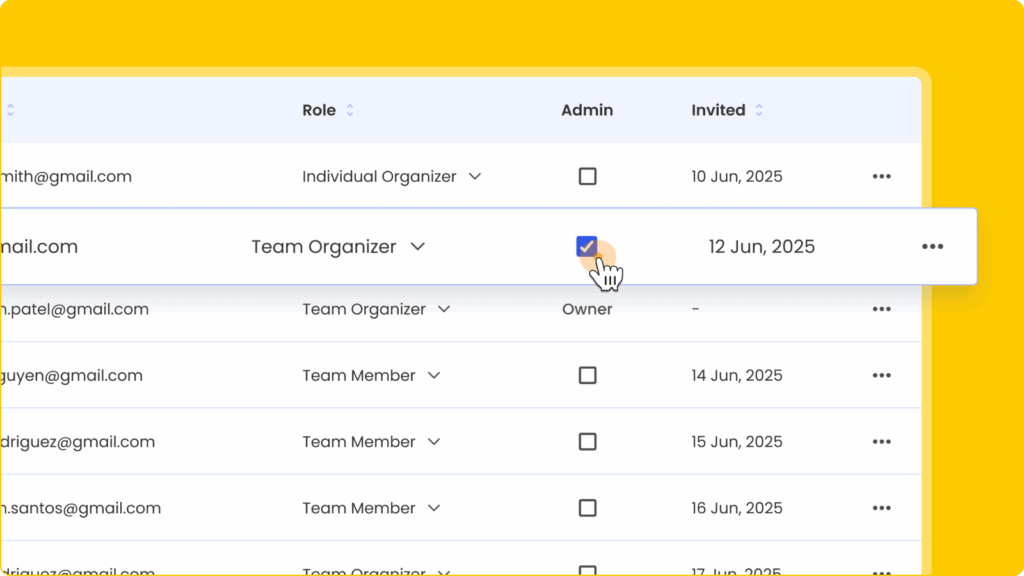 User role dropdown and admin checkbox interface for managing team permissions in Calfrenzy dashboard.