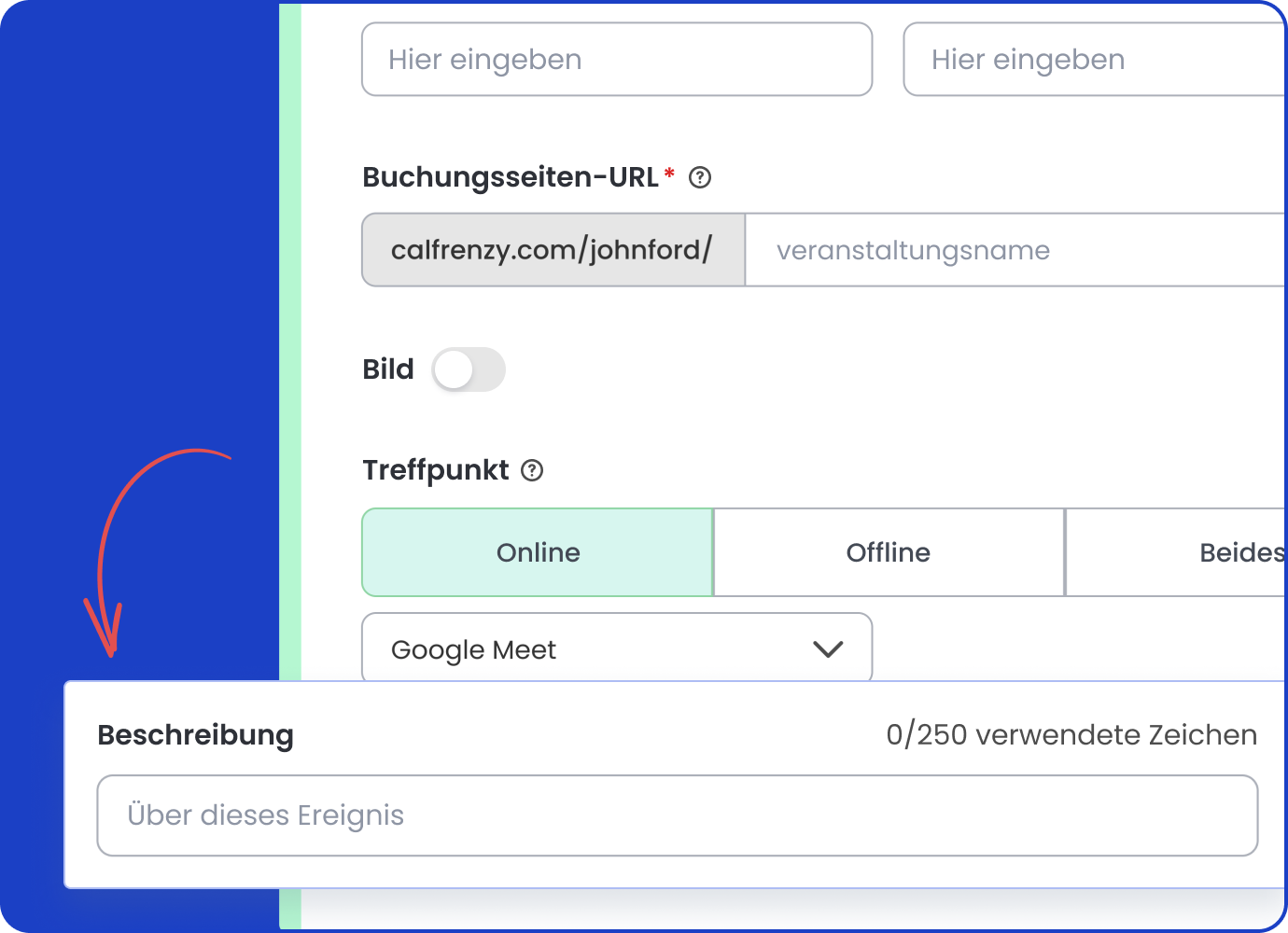 Calfrenzy-Buchungsseiten-Editor mit blauem Hintergrund hebt das Eingabefeld für die Beschreibung hervor, in dem Veranstaltungsdetails unter dem Meeting-Ort hinzugefügt werden können.