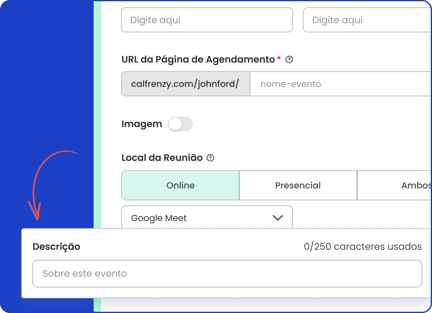 Editor da página de agendamento da Calfrenzy com fundo azul, destacando o campo de descrição para adicionar detalhes do evento abaixo da localização da reunião.