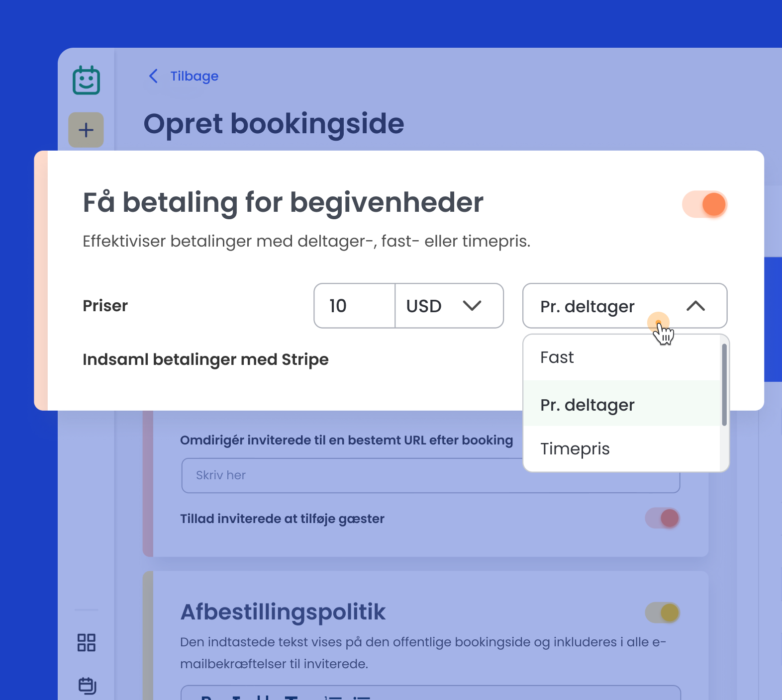 Bruger vælger en betalingsmetode i Calfrenzys planlægningssoftware.