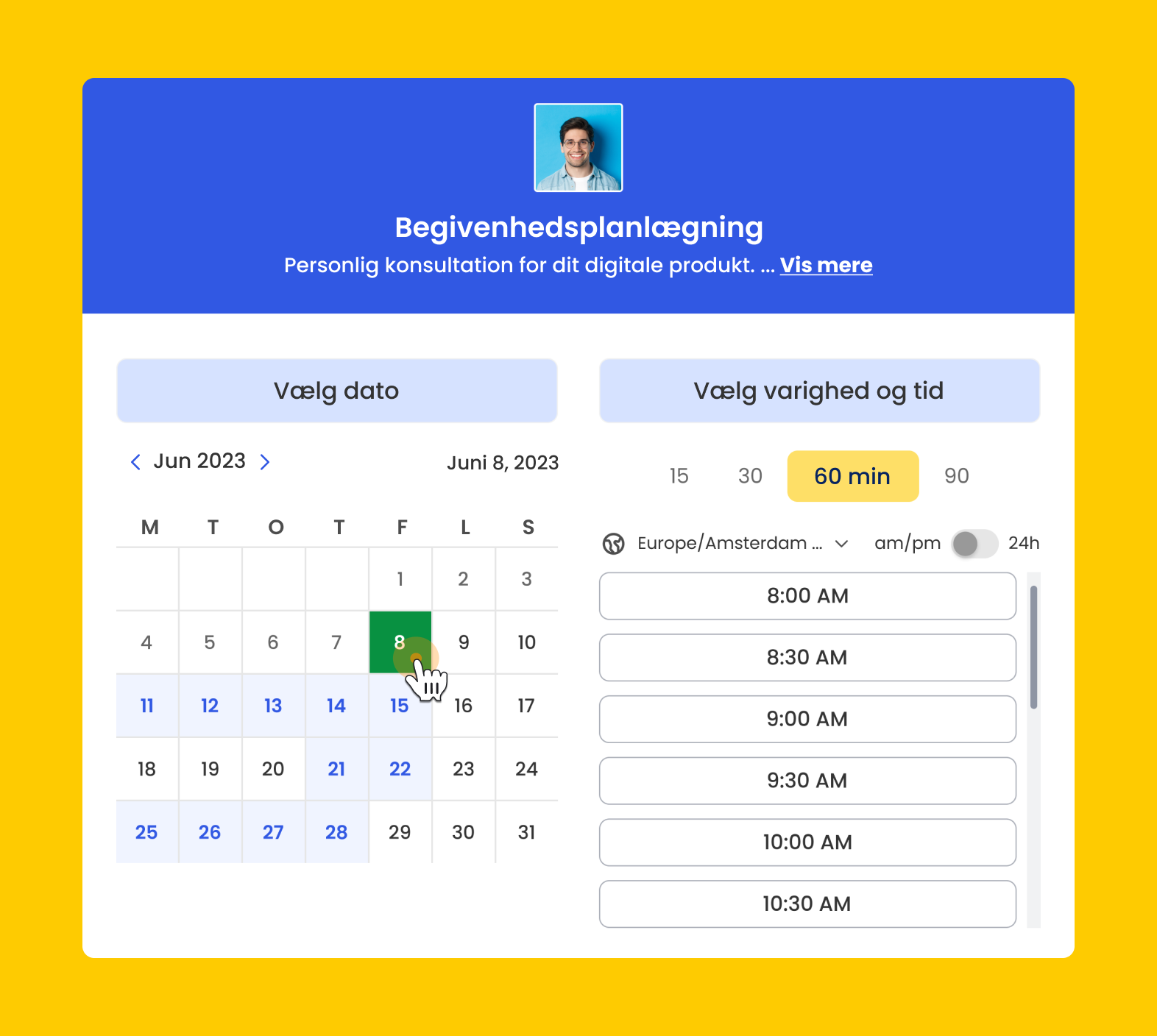 Interface for tilpassede bookingsider i Calfrenzy.