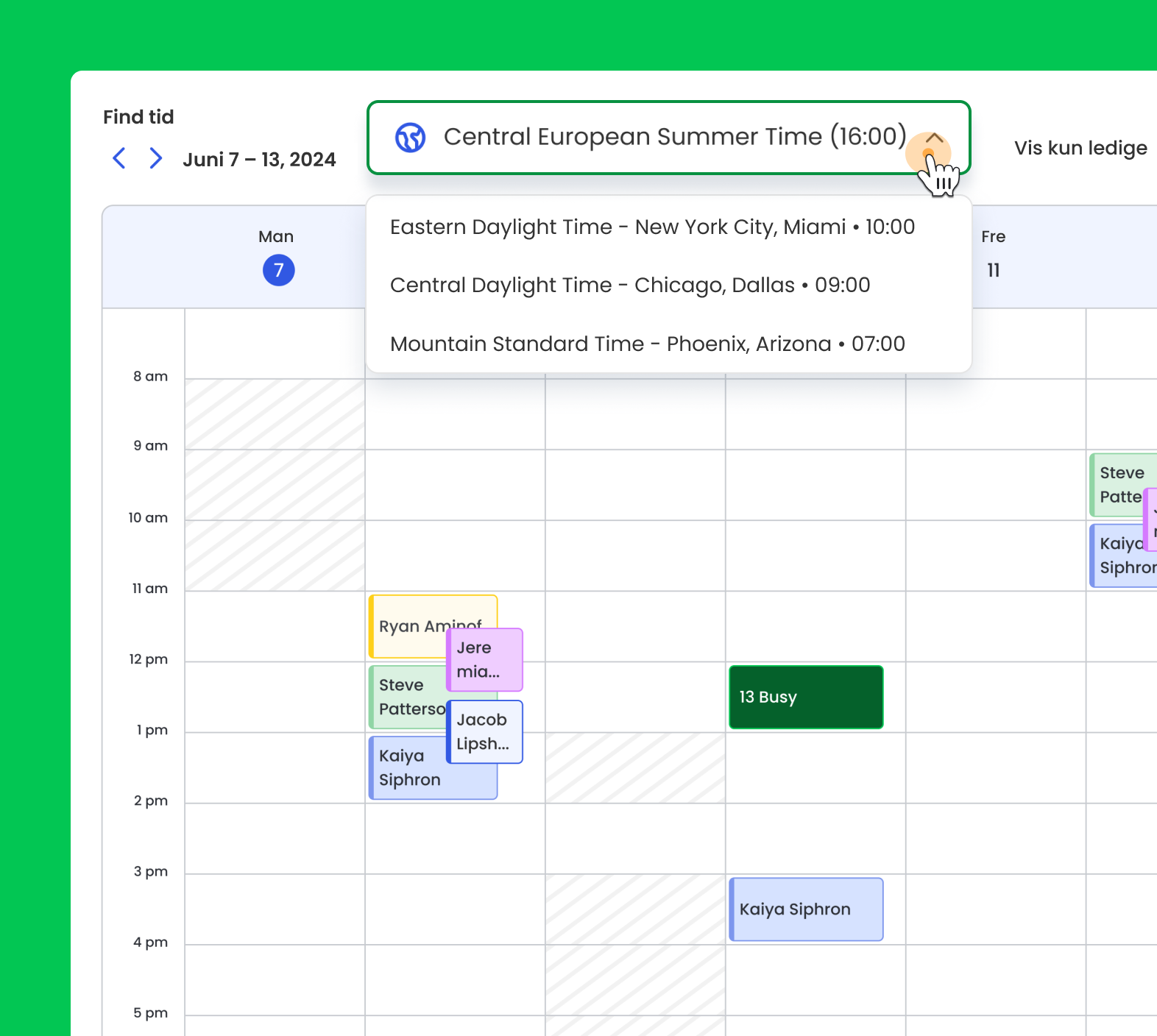 Calfrenzy-interface, der viser planlægning med automatisk tidszonejustering.