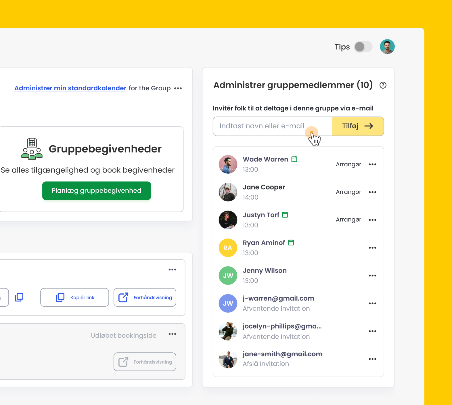 Calfrenzy-interface, der viser mulighed for aftaleplanlægning for teams.
