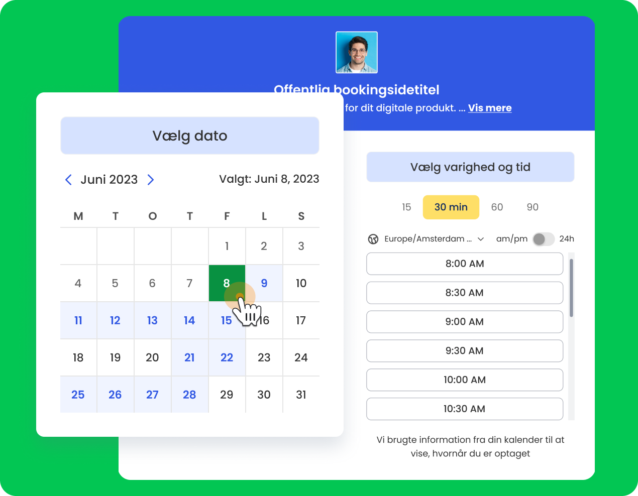 Calfrenzy-interface, der viser muligheden for at dele et bookinglink og modtage aftaler problemfrit.