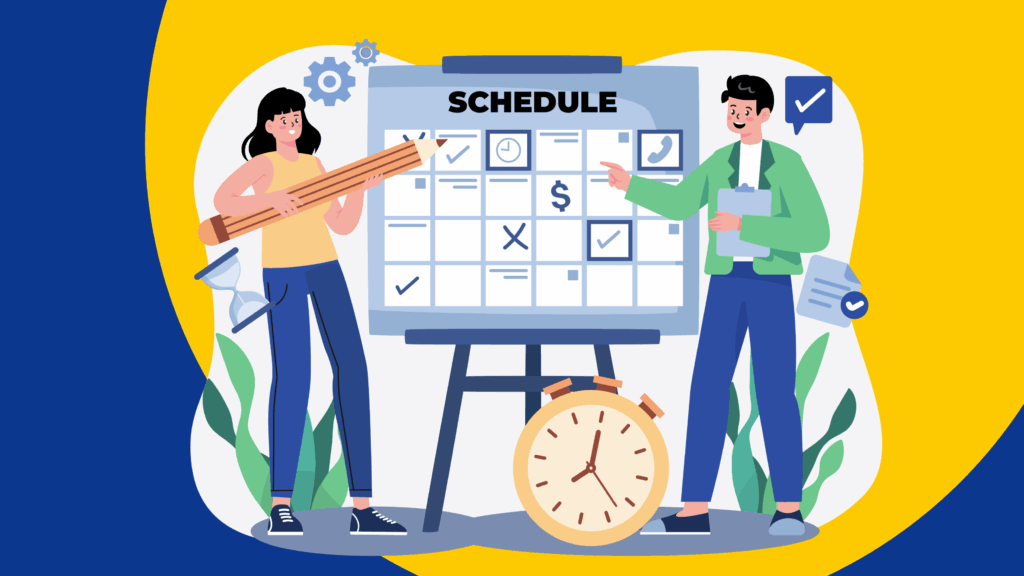 Illustration of two marketers planning tasks on a large schedule board with icons for time management, deadlines, communication, and productivity tools
