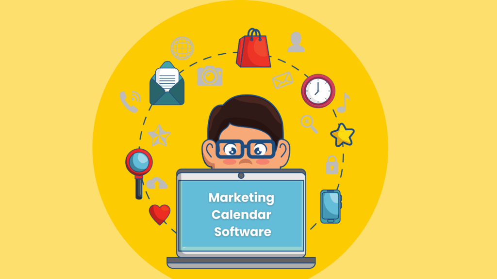 Illustration of a marketer managing a digital marketing calendar with icons for email, clock, calendar, mobile, and campaign tools surrounding a laptop