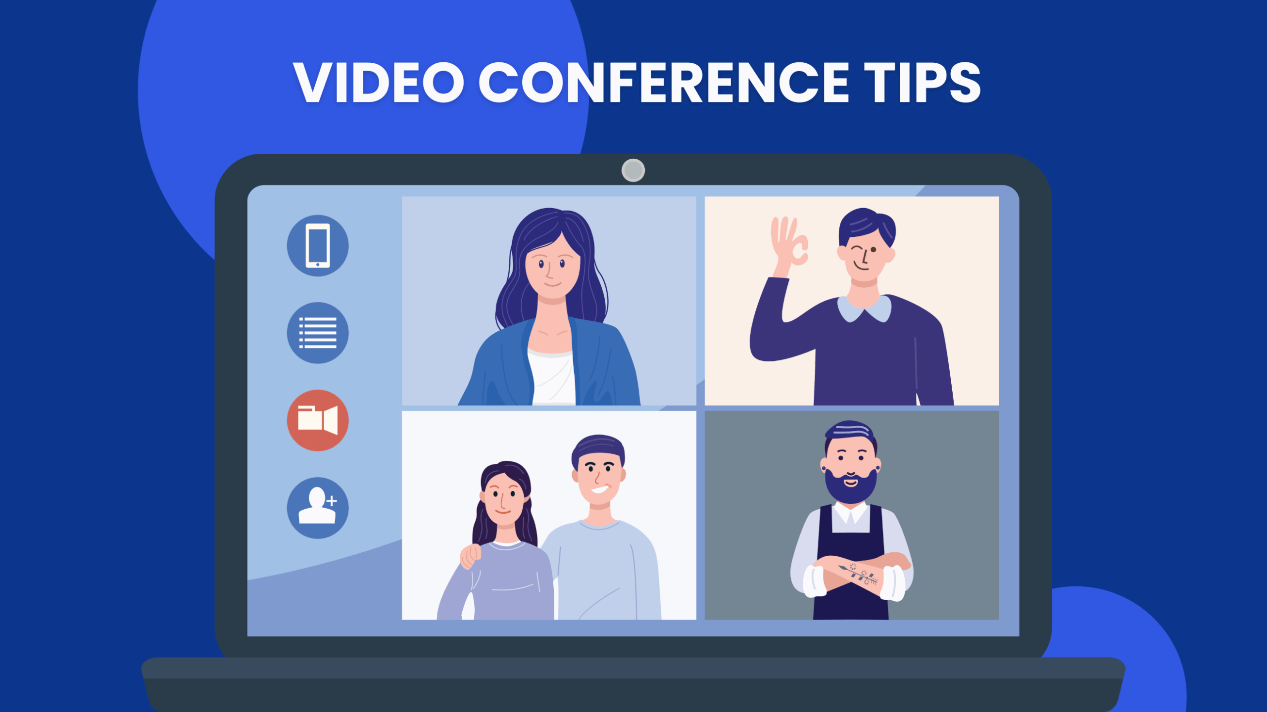 Illustration of a video call on a laptop with four participants and meeting icons, titled ‘Video Conference Tips’.