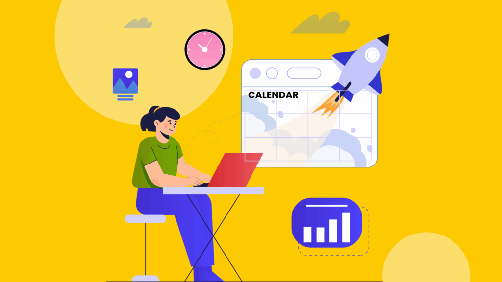 Illustration of a marketing calendar interface used for scheduling campaigns and managing team events in 2025