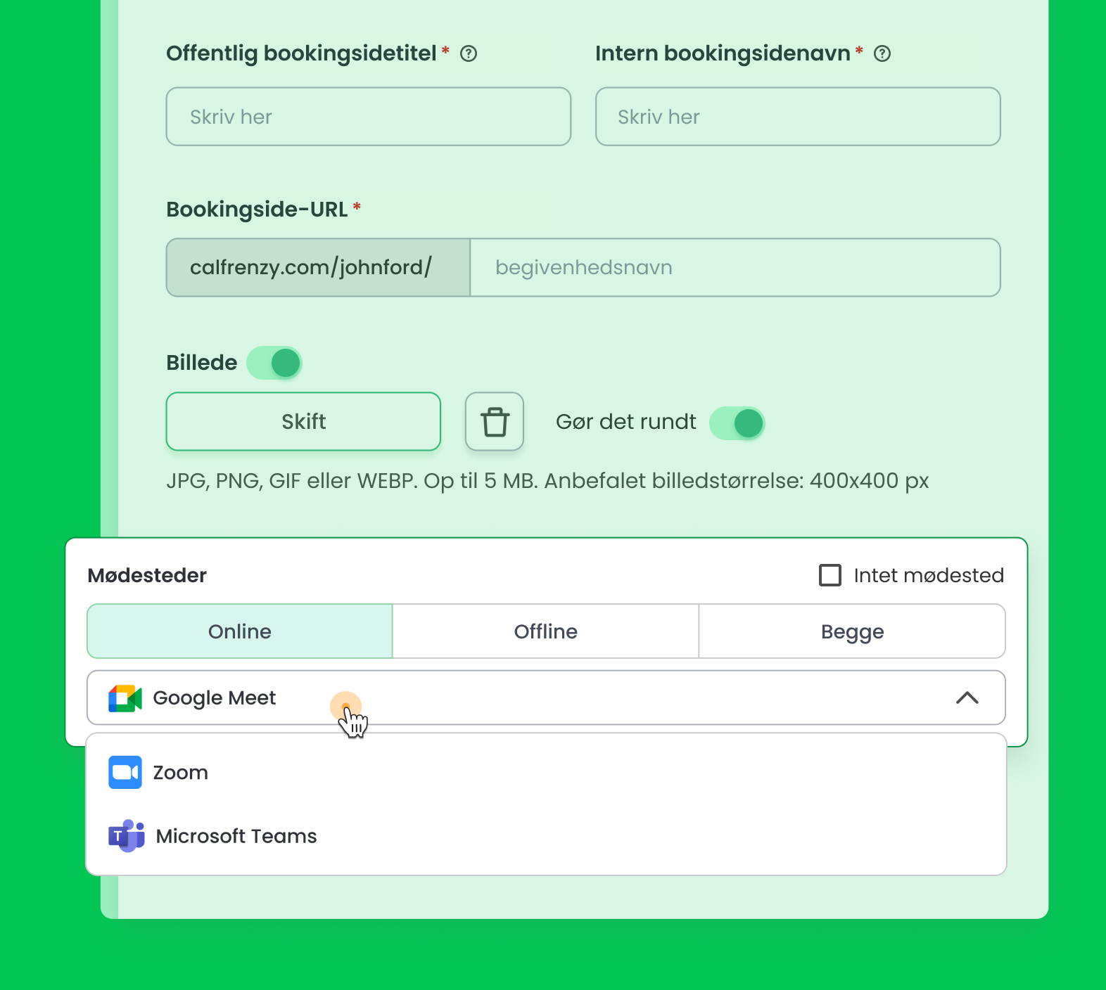 Calfrenzy-interface, der viser videokonferenceintegration til aftaler.