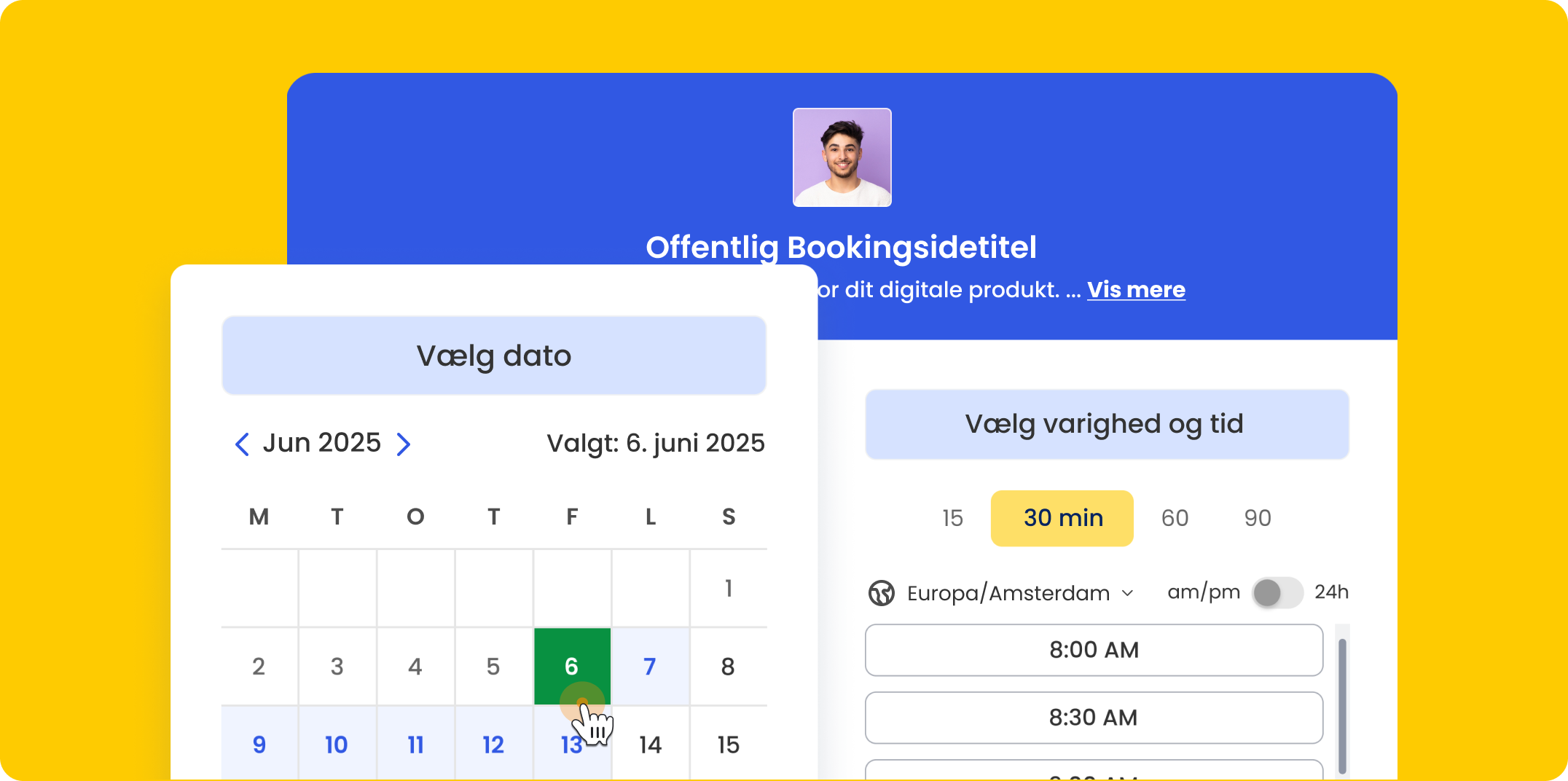 Online bookinginterface, der viser valg af dato og tidspunkt på en offentlig bookingside, med kalendervisning, varighedsvalg og indstillinger for tidszone.