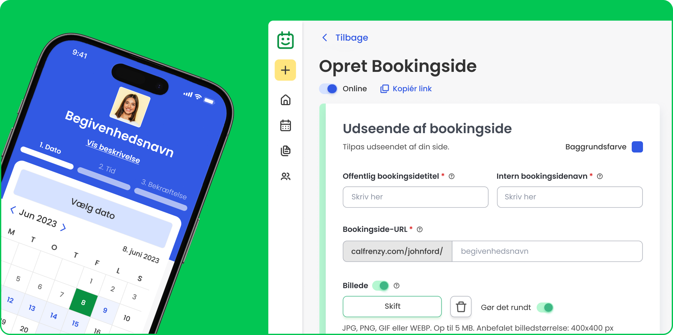 Calfrenzy-bookingsinterface på mobil og desktop, der viser en kalender til aftaleplanlægning samt en tilpasset bookingside med URL-, titel- og billedmuligheder.