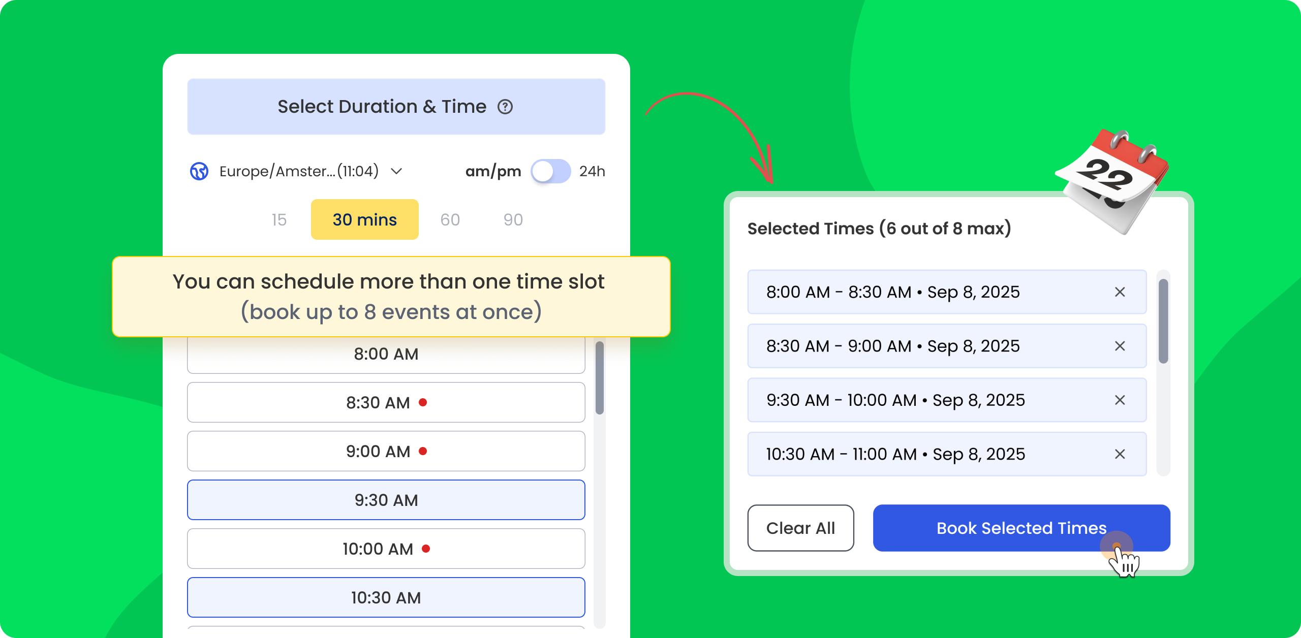 Calfrenzy booking page preview shown on desktop and mobile, showcasing streamlined scheduling interface with customizable branding and timezone-aware availability.