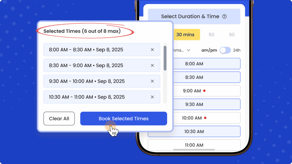 Full-screen preview of a Calfrenzy booking page featuring online meeting options, logo upload, and streamlined scheduling interface.