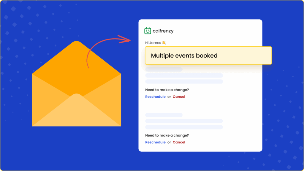 Calfrenzy interface showing custom reminder setup with email preview, timing controls, and personalized event notification options.