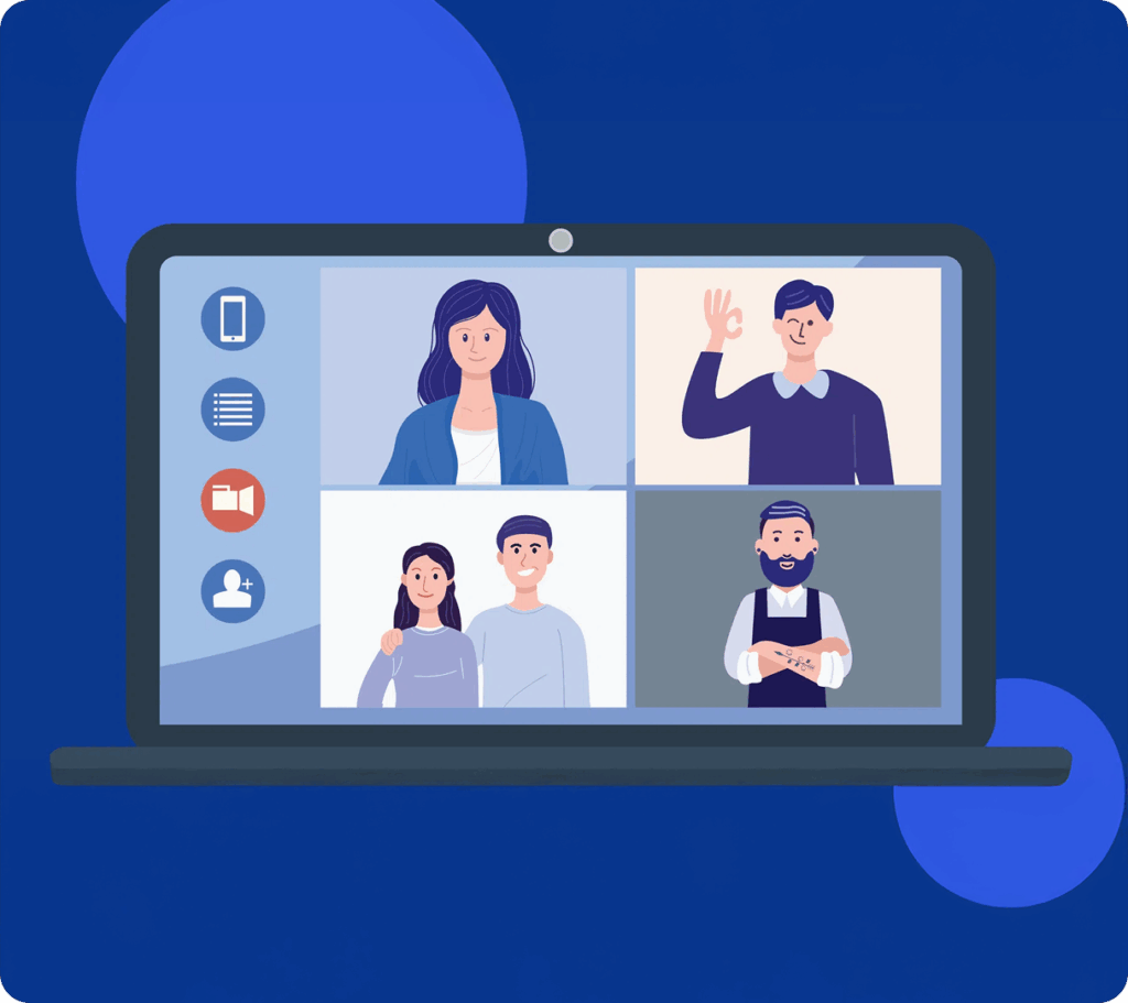 Illustration of a video call on a laptop with four participants and meeting icons.