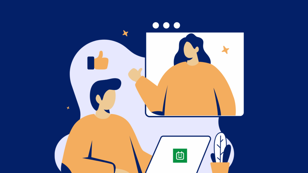 Illustration of a recruiter and candidate having a virtual interview, representing clear communication in effective interview invitation emails.
