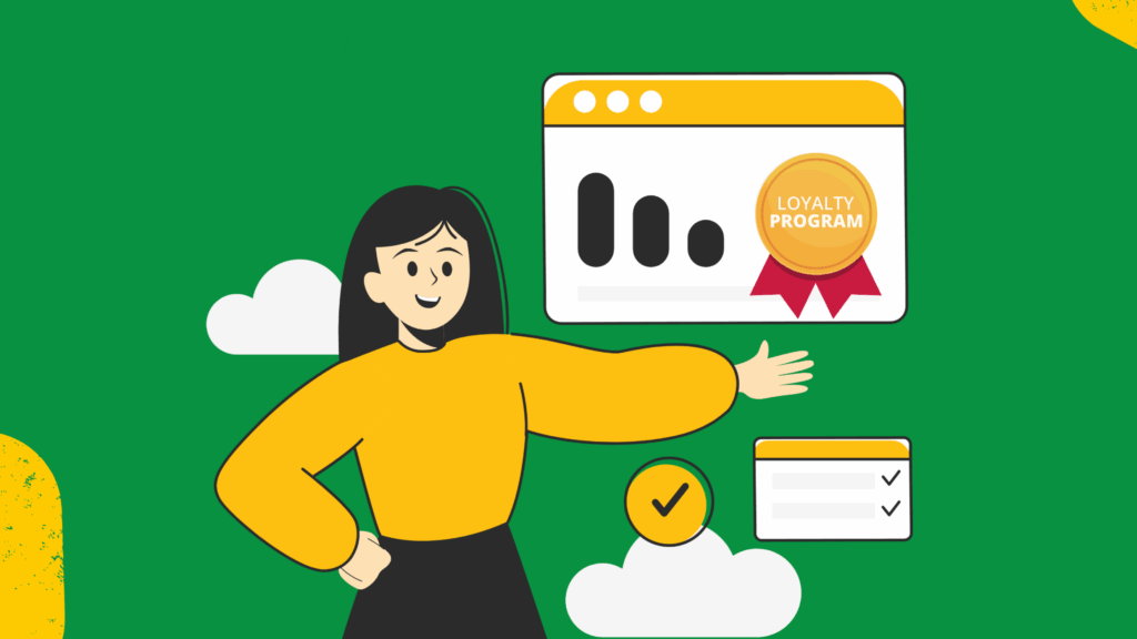 Illustration of a woman presenting a digital loyalty program dashboard, representing a customer retention program designed to increase customer loyalty and satisfaction.