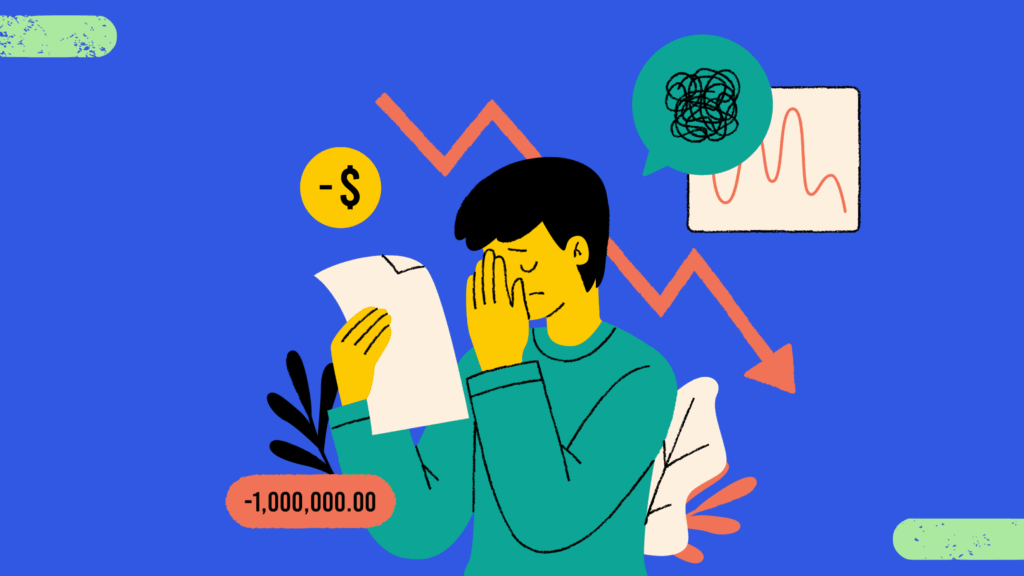 Illustration of a frustrated person holding a paper with a downward trend graph in the background, representing customer churn and the cost of not meeting customer expectations.
