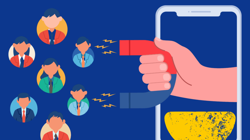 Illustration of a smartphone with a hand holding a magnet attracting customer avatars, symbolizing customer retention strategies and turning one-time clients into loyal customers.