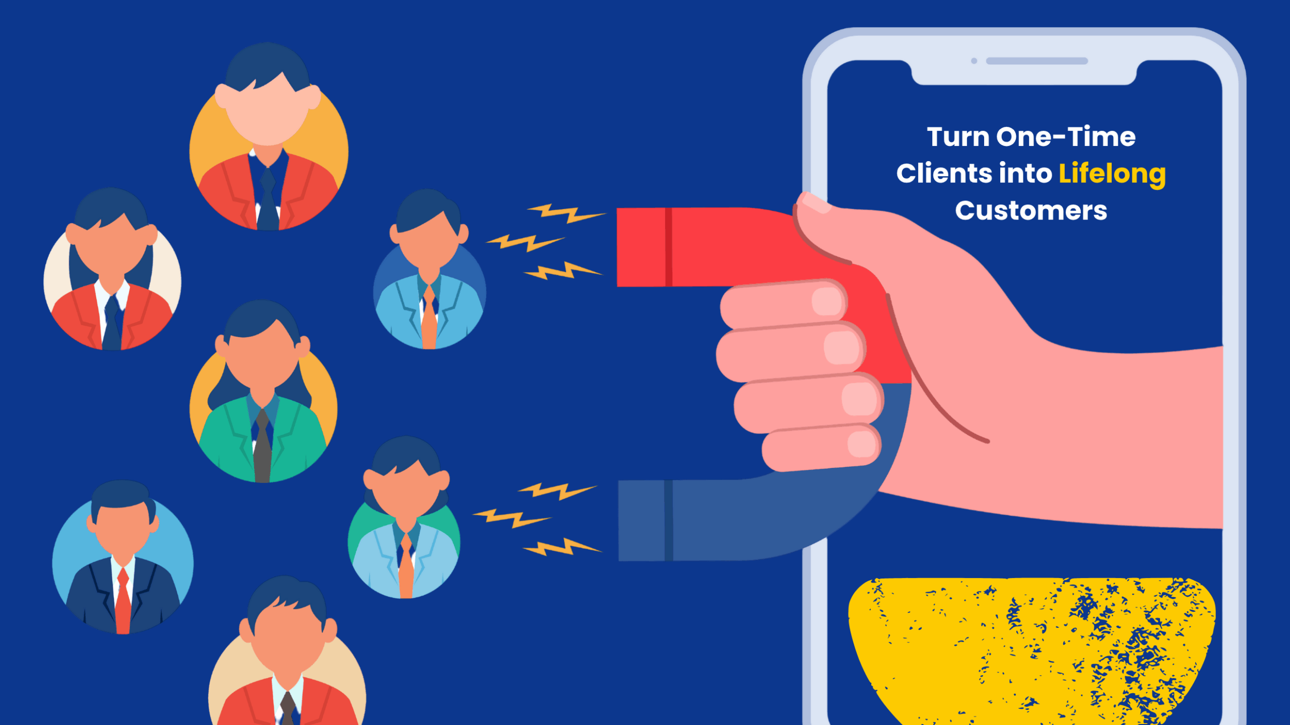 Illustration of a smartphone with a hand holding a magnet attracting customer avatars, symbolizing customer retention strategies and turning one-time clients into loyal customers.