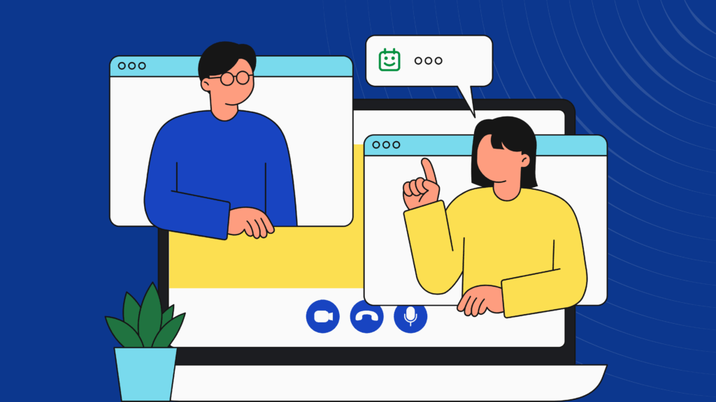Illustration of two people in a zoom meeting on a laptop screen, with chat bubbles and video call icons, symbolizing online communication and scheduling.