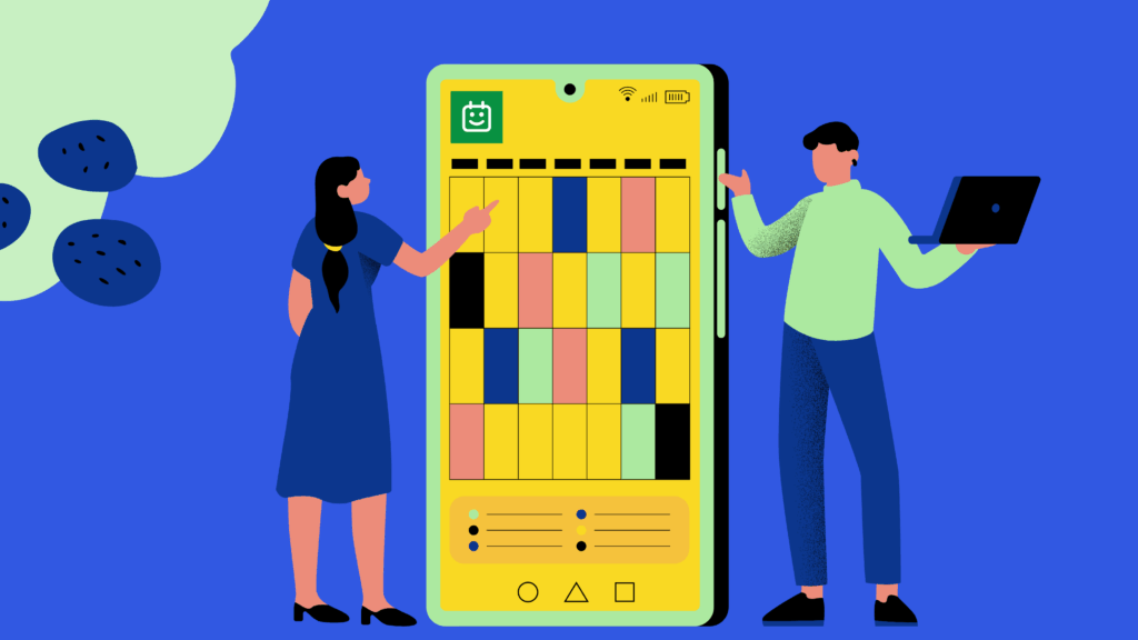 Illustration of two people standing beside a large smartphone displaying a colorful calendar, representing mobile scheduling and booking management.
