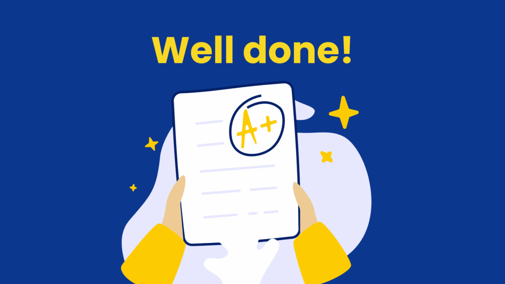 Illustration of hands holding a paper graded A+ with the text “Well done!”, symbolizing successful interview invitation performance.