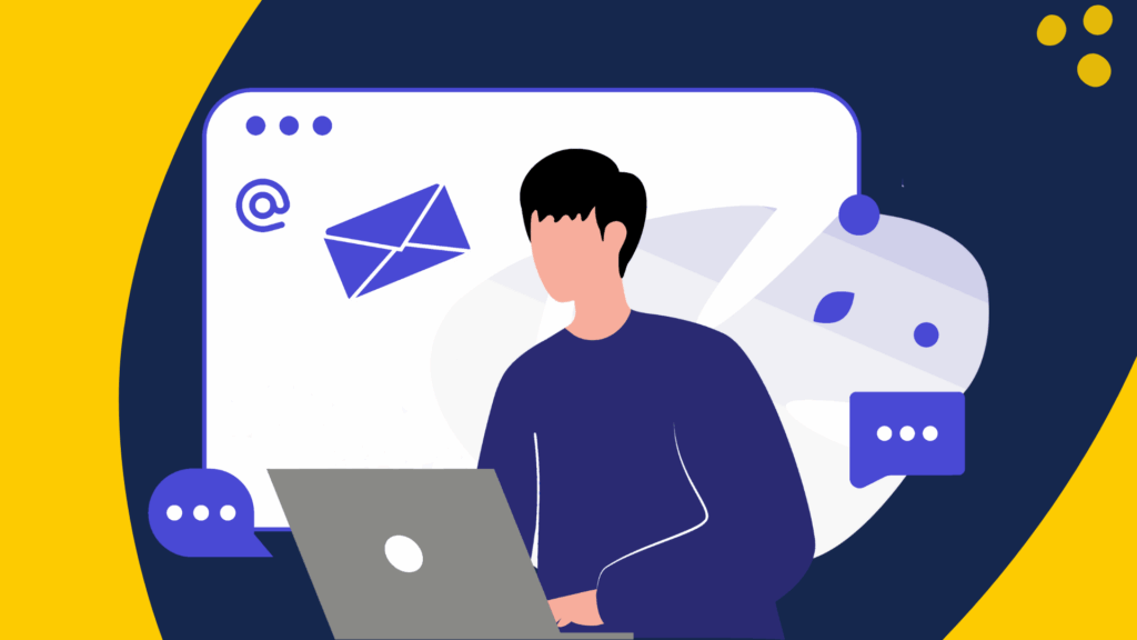 Illustration of a recruiter sending interview invitation emails on a laptop, representing efficient hiring communication and automation.