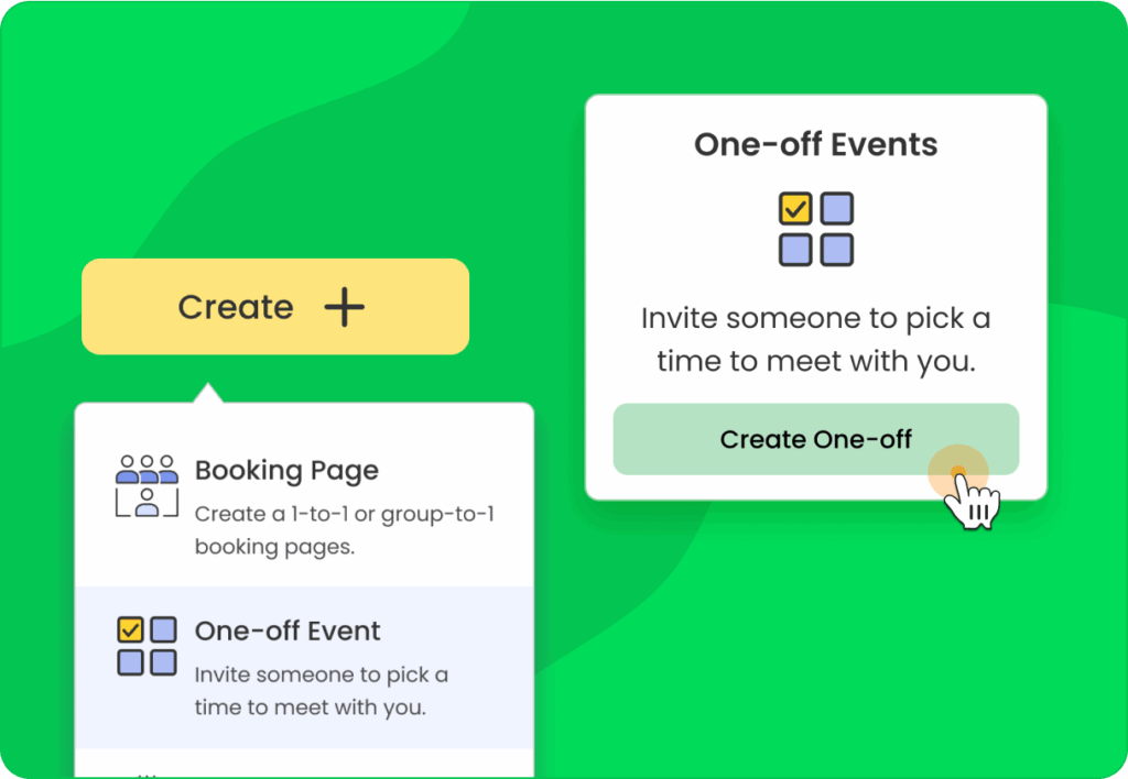 Close-up UI of the Create One-off button on a green background. A cursor icon is hovering over the button, indicating the user is about to create a one-time meeting invite.