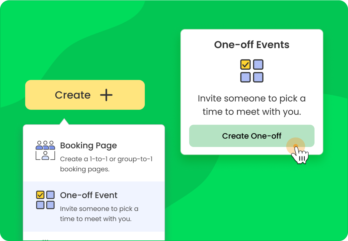 Close-up UI of the Create One-off button on a green background. A cursor icon is hovering over the button, indicating the user is about to create a one-time meeting invite.