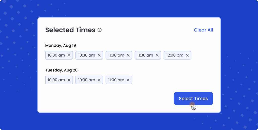 A sharing screen for a one-off booking page titled “Online Interview.” It shows a link field with a “Copy Link” button, options to share via email, copy available times into email, a “Preview” link, and social sharing icons including WhatsApp, Telegram, Facebook, and Messenger.