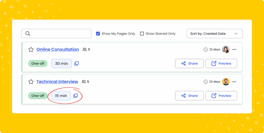 A dashboard list of booking pages. Two one-off events are shown: “Online Consultation” and “Technical Interview.” The “15 min” duration tag is circled in red on the second event. Each event has options to Share and Preview, along with participant avatars and creation dates.