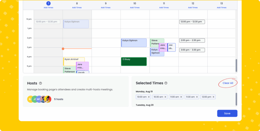 Screenshot of the Calfrenzy booking settings page showing the One-off Event toggle turned on under the Availability section. Below, selected time slots for a one-time event are listed by date, with a “Clear All” option and a “Select Times” button highlighted.