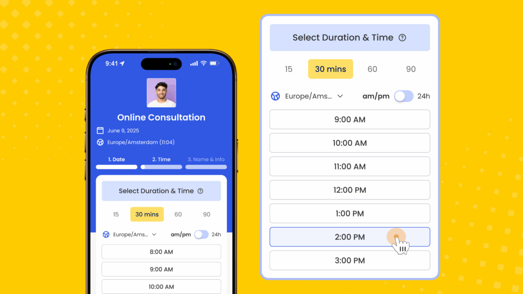 Mobile and desktop views of an online scheduling app showing a user selecting a 30-minute meeting duration and a 2:00 PM time slot.