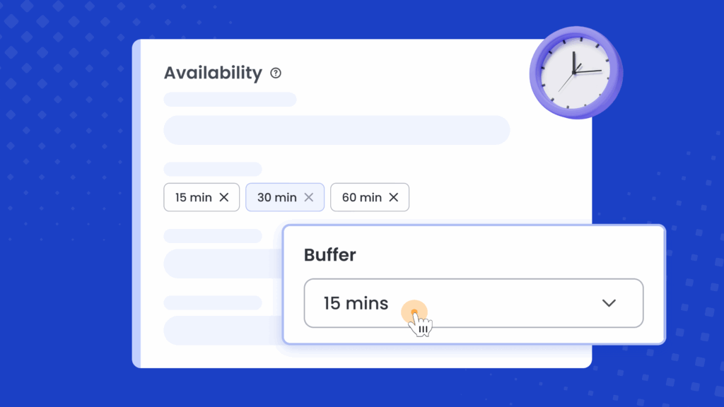 Screenshot of a scheduling settings interface highlighting the “Buffer” option set to 15 minutes under Availability settings.