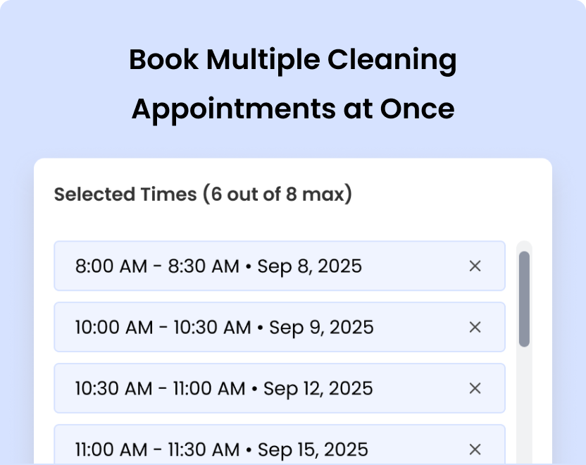 Calendar interface showing multiple cleaning appointments booked in one checkout.