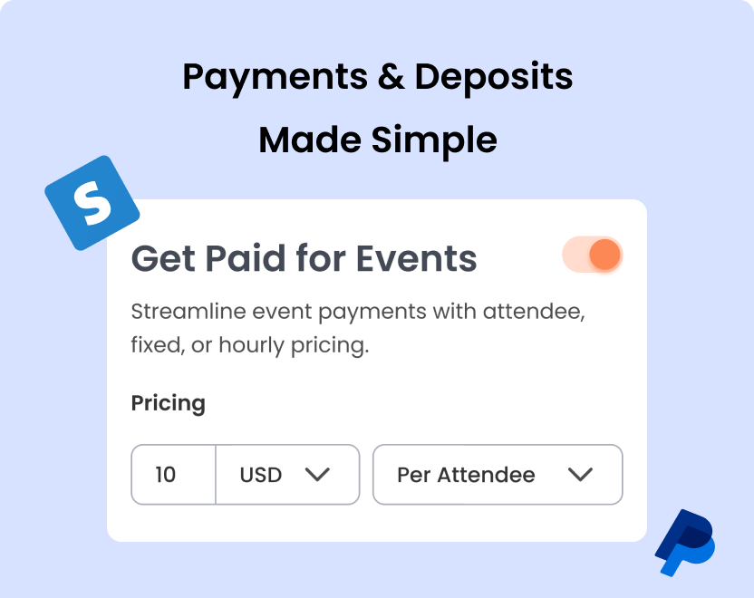 Cleaning service payment settings with Stripe deposit and per-attendee pricing.