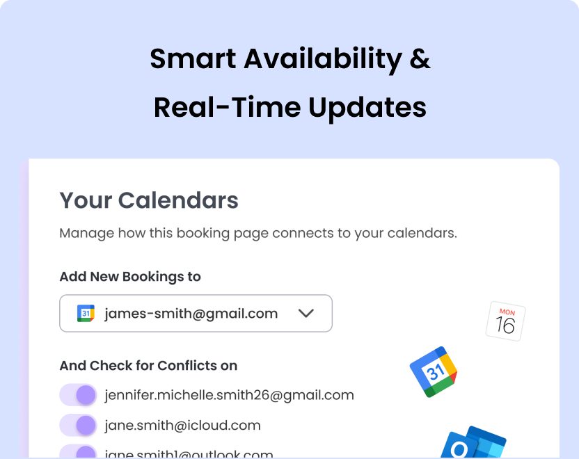 Calendar sync interface for cleaners showing Google, Outlook, and iCloud integration.